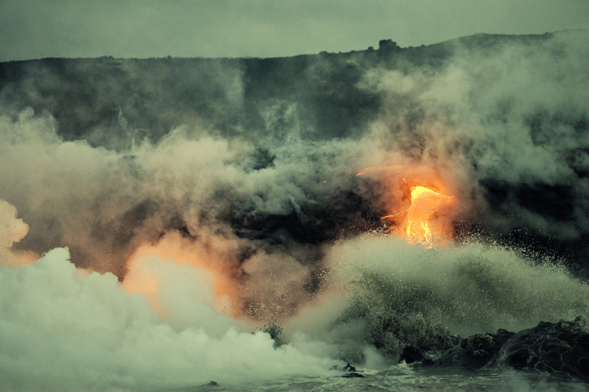 Lava flow into the Pacific Ocean, 4:30am,Big Island, Hawai'i 